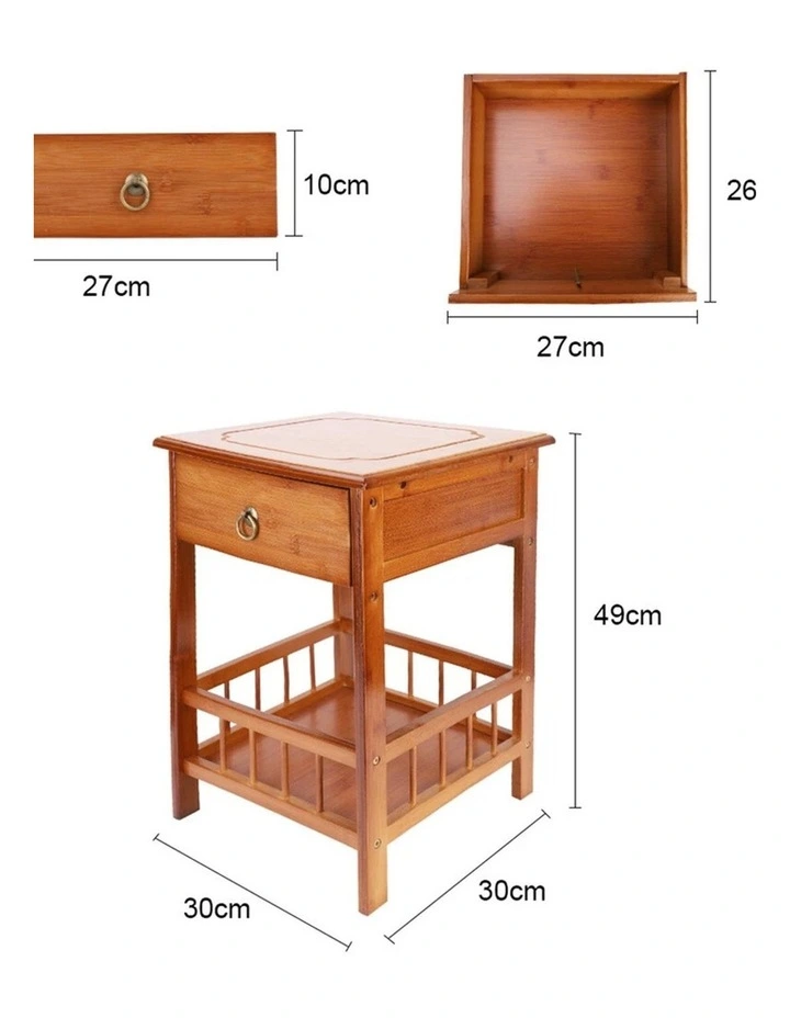 Light Brown Bamboo Bedside Table with 2 Shelves & Drawer, Small Size image 4