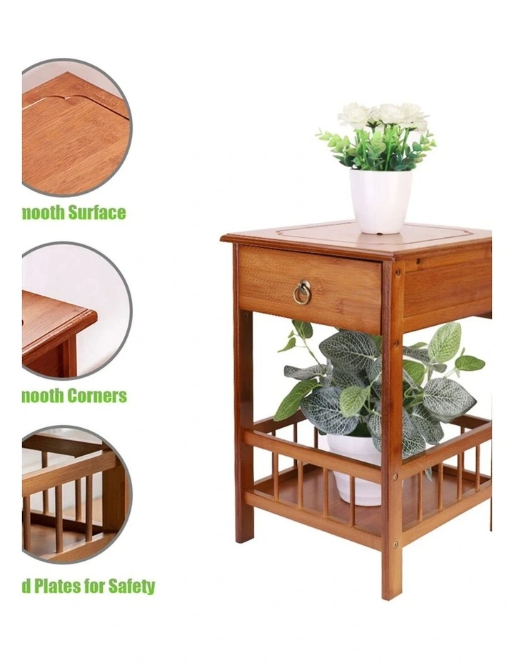 Light Brown Bamboo Bedside Table with 2 Shelves & Drawer, Small Size image 5