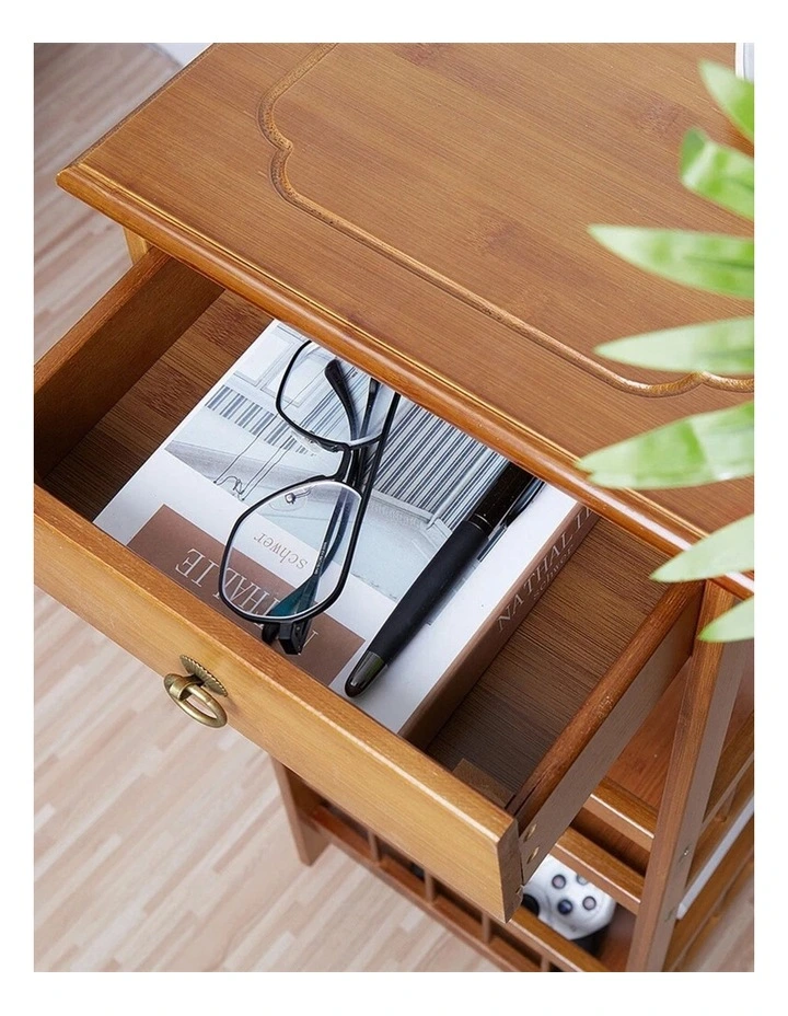 Light Brown Bamboo Bedside Table with 2 Shelves & Drawer, Small Size image 6