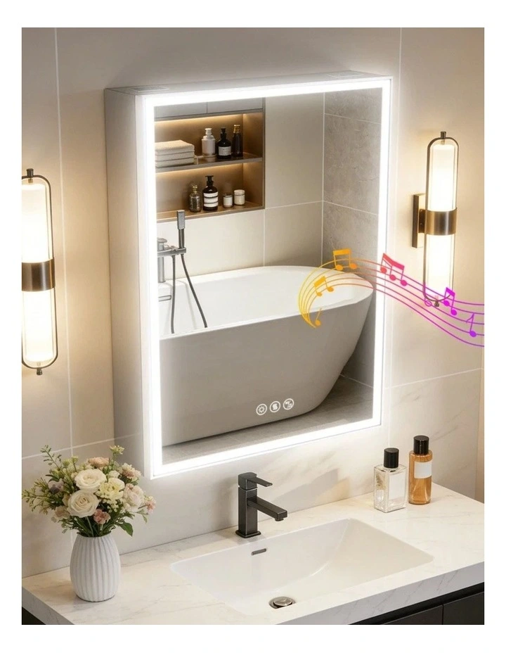 Silver LED Mirror Cabinet With Bluetooth Speakers Storage And Smart Lighting For Bathrooms image 2