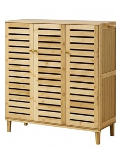 Natural Wood Shoe Cabinet Bamboo Storage Organizer With Ventilated Doors Shelves
