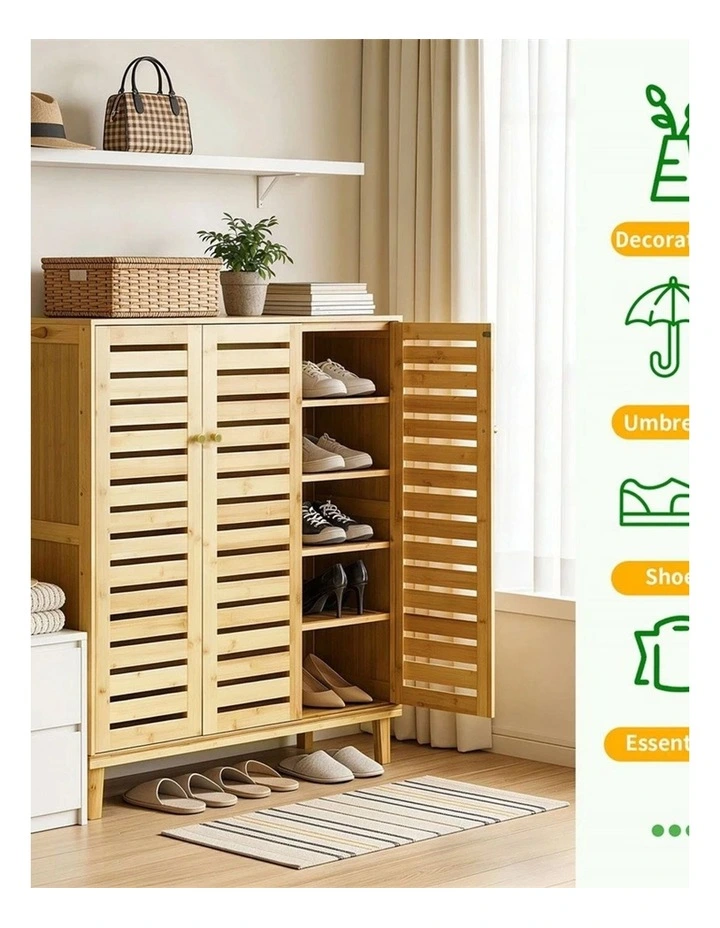 Natural Wood Shoe Cabinet Bamboo Storage Organizer With Ventilated Doors Shelves image 7