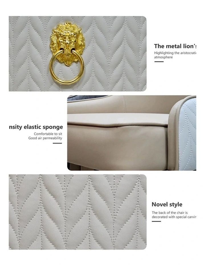 Grey Set Of 2 Dining Chairs With Quilted Back & Lion Ring Handle Gold-Tipped Legs image 5