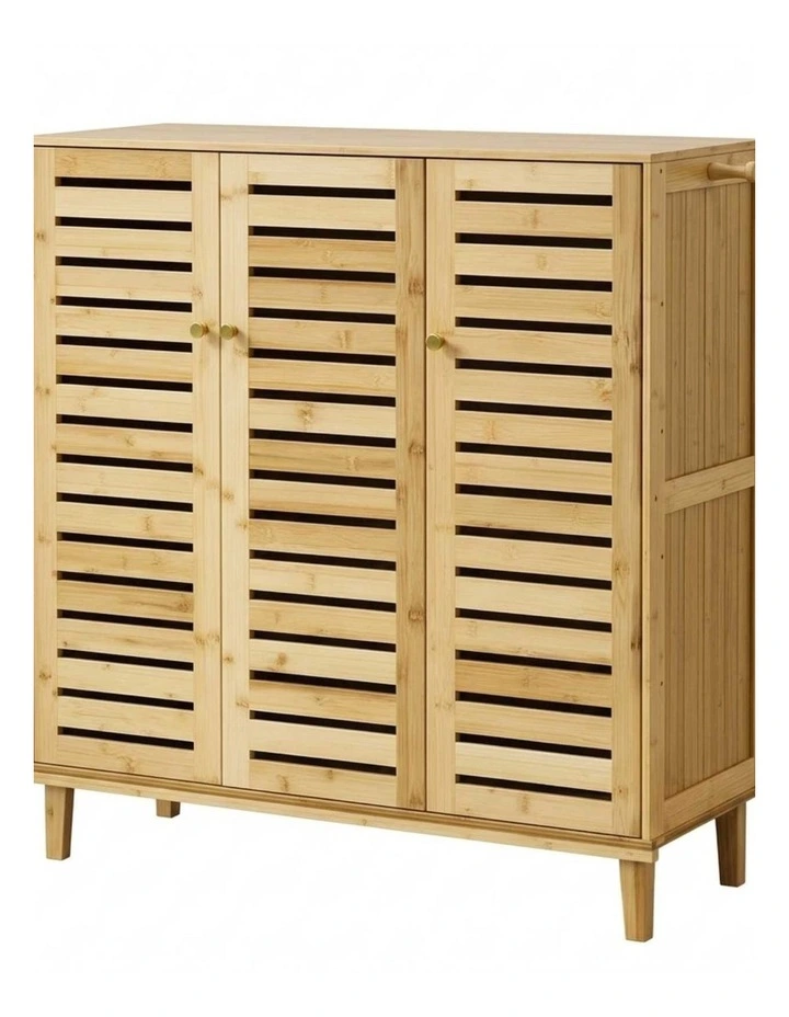 Natural Wood Large Shoe Cabinet Bamboo Storage Cupboard With Ventilated Doors image 1
