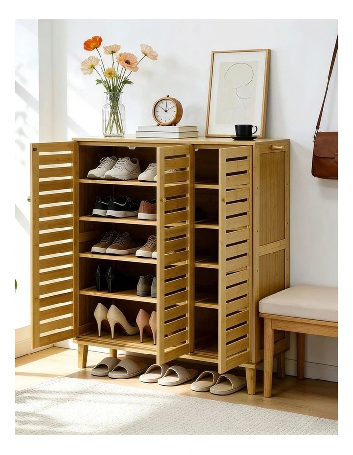Natural Wood Large Shoe Cabinet Bamboo Storage Cupboard With Ventilated Doors image 2