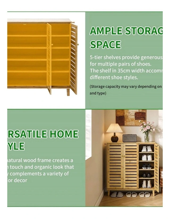 Natural Wood Large Shoe Cabinet Bamboo Storage Cupboard With Ventilated Doors image 3