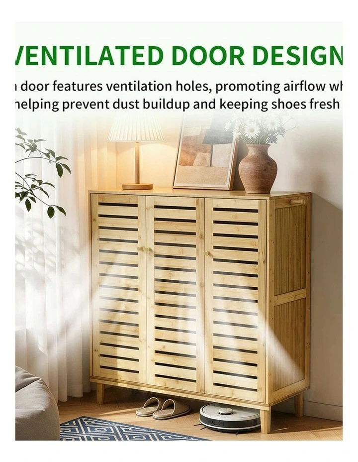Natural Wood Large Shoe Cabinet Bamboo Storage Cupboard With Ventilated Doors image 4