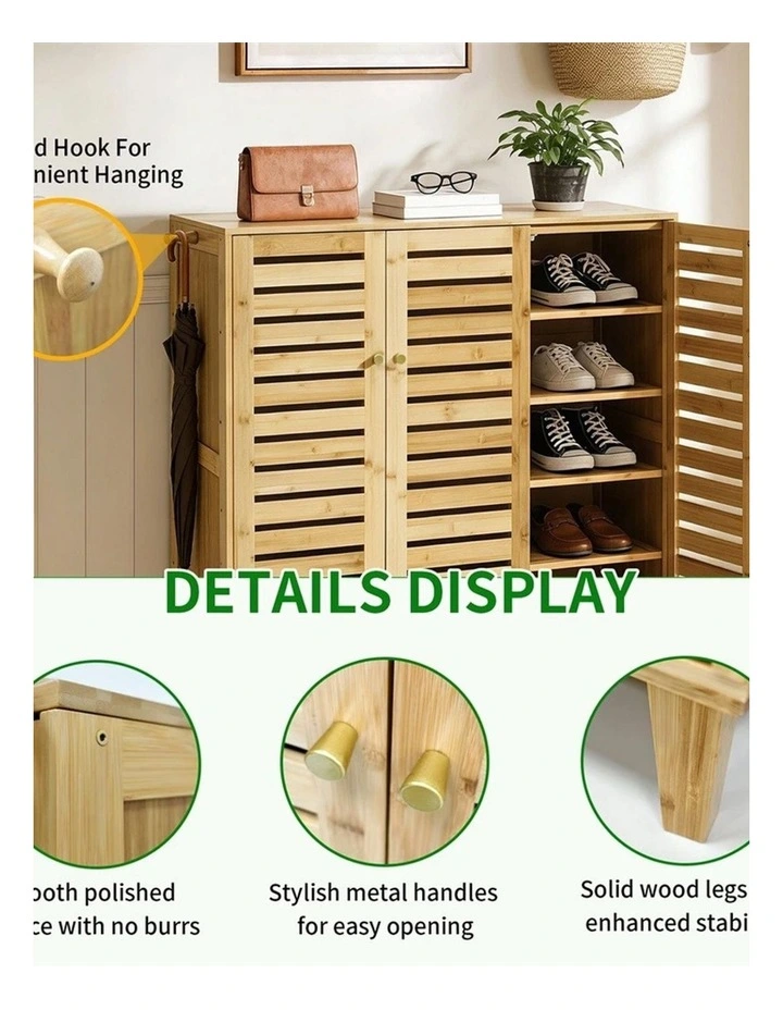 Natural Wood Large Shoe Cabinet Bamboo Storage Cupboard With Ventilated Doors image 5