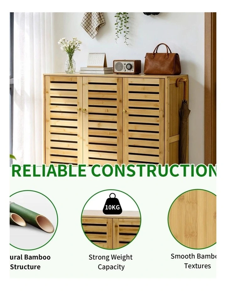 Natural Wood Large Shoe Cabinet Bamboo Storage Cupboard With Ventilated Doors image 6