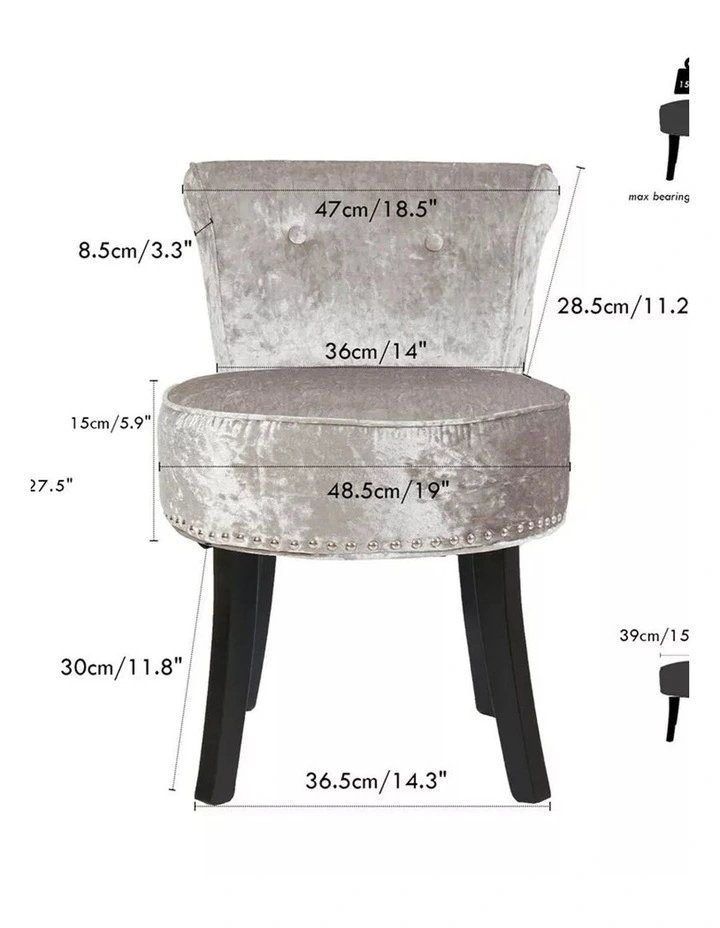 Silver-Gray Velvet Vanity Chair With Tufted Back & Nailhead Trim Elegant Dressing Stool image 3