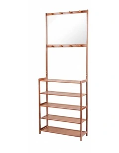Brown Bamboo Shoe Rack Coat Stand With Shelves And Hooks