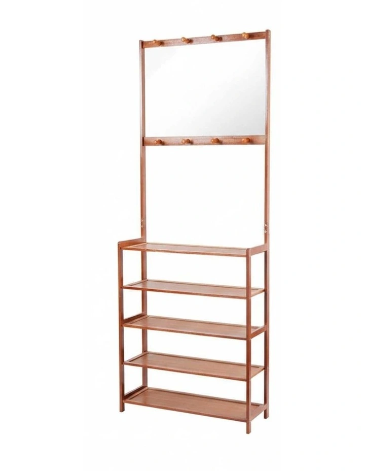 Brown Bamboo Shoe Rack Coat Stand With Shelves And Hooks image 1