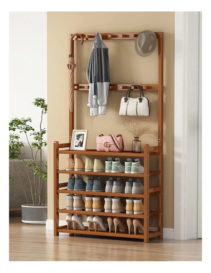 Brown Bamboo Shoe Rack Coat Stand With Shelves And Hooks image 2