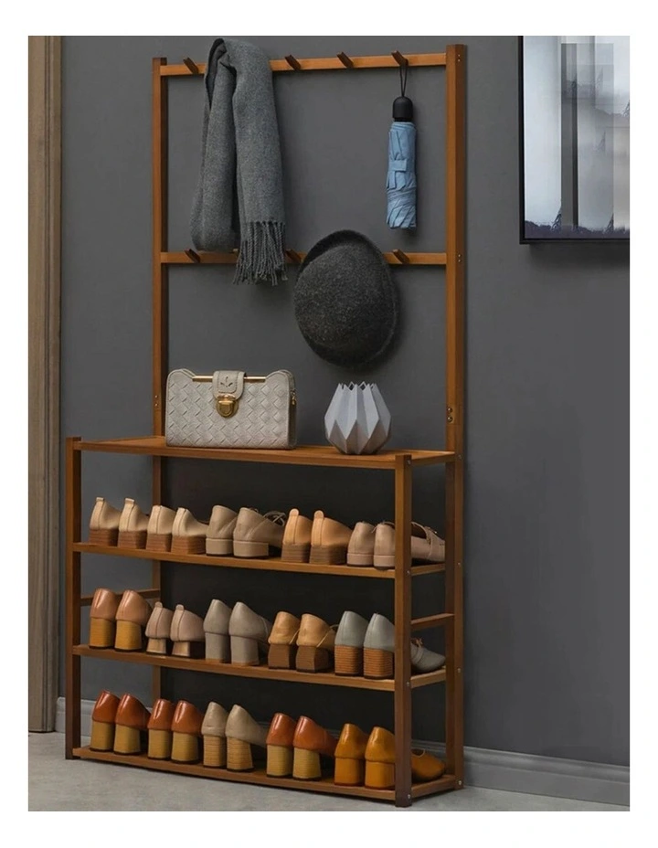 Brown Bamboo Shoe Rack Coat Stand With Shelves And Hooks image 3
