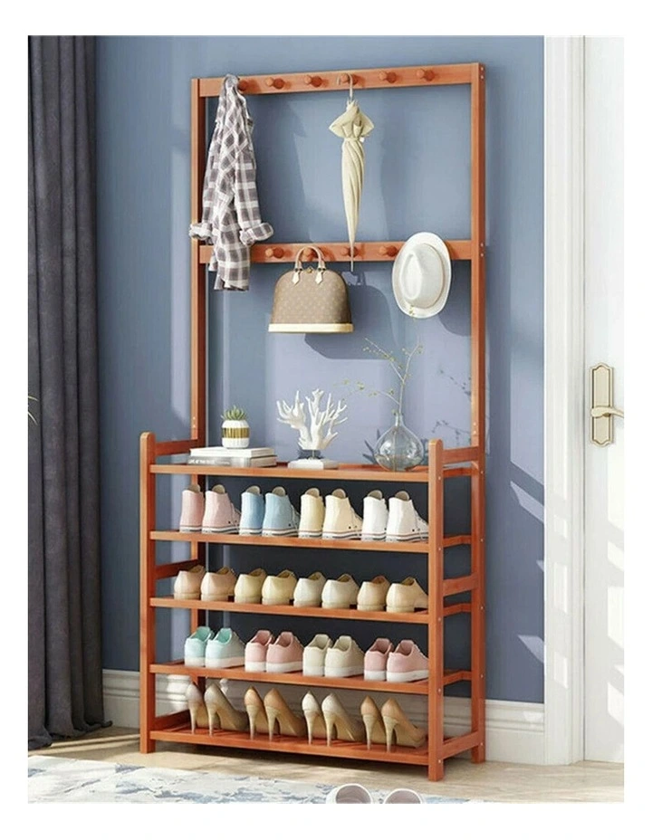 Brown Bamboo Shoe Rack Coat Stand With Shelves And Hooks image 4