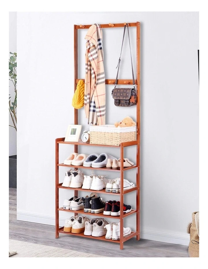 Brown Bamboo Shoe Rack Coat Stand With Shelves And Hooks image 5