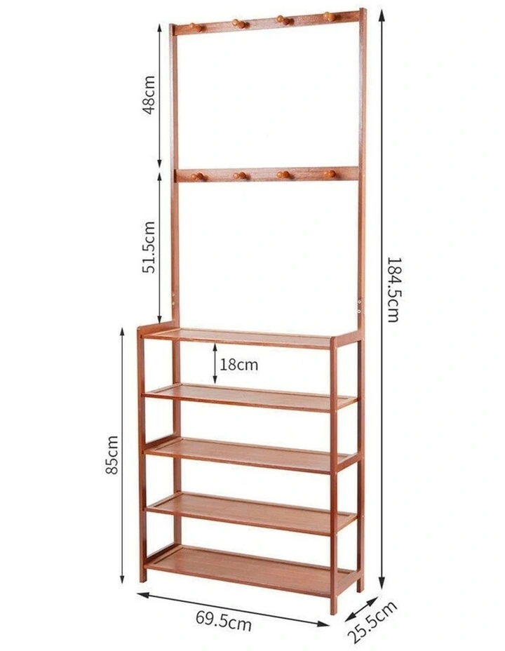Brown Bamboo Shoe Rack Coat Stand With Shelves And Hooks image 6