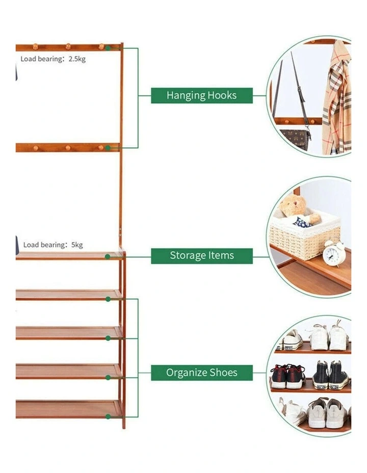 Brown Bamboo Shoe Rack Coat Stand With Shelves And Hooks image 7