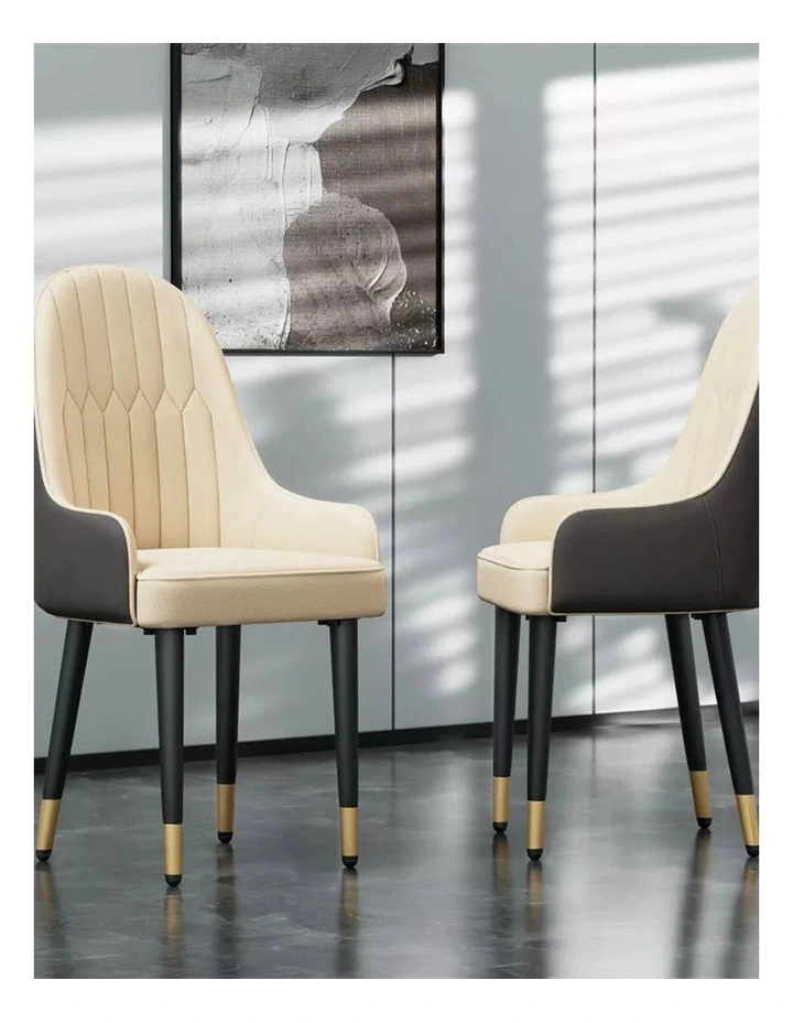 Creamy White And Grey Set Of 2 Scalloped Dining Chairs With Gold-Tip Legs Modern Upholstered Seats image 3