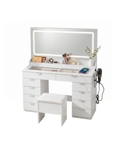 Vanity Dressing Table Desk with LED Mirror 10 Drawers Power Outlet in White