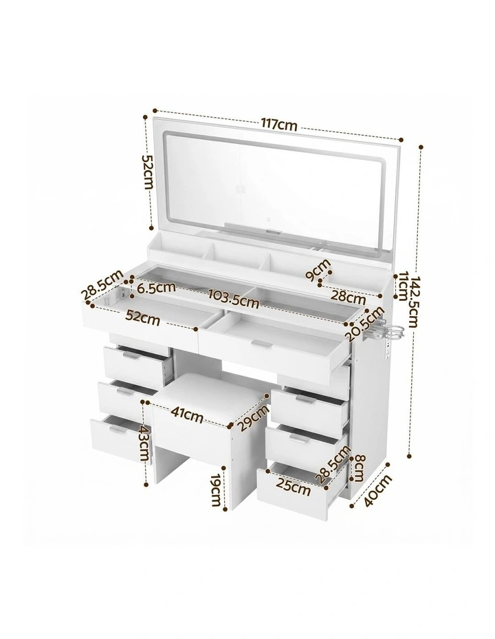 Vanity Dressing Table Desk with LED Mirror 10 Drawers Power Outlet in White image 2