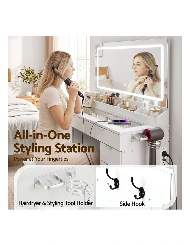 Vanity Dressing Table Desk with LED Mirror 10 Drawers Power Outlet in White image 5