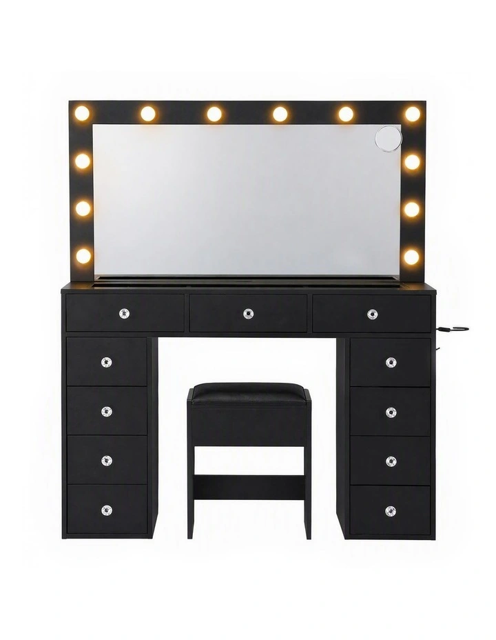 LED Vanity Dressing Table Set with Stool Glass Top Charging Station in Black image 1