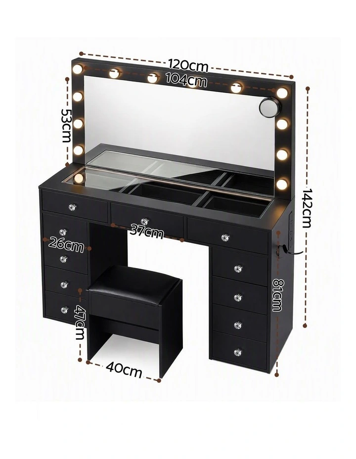 LED Vanity Dressing Table Set with Stool Glass Top Charging Station in Black image 2