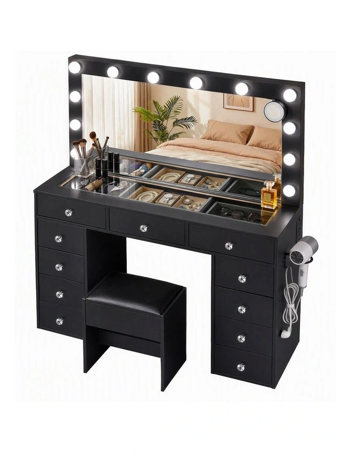 LED Vanity Dressing Table Set with Stool Glass Top Charging Station in Black image 3