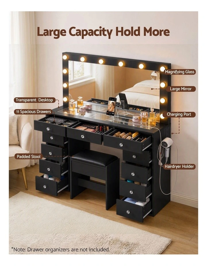 LED Vanity Dressing Table Set with Stool Glass Top Charging Station in Black image 4