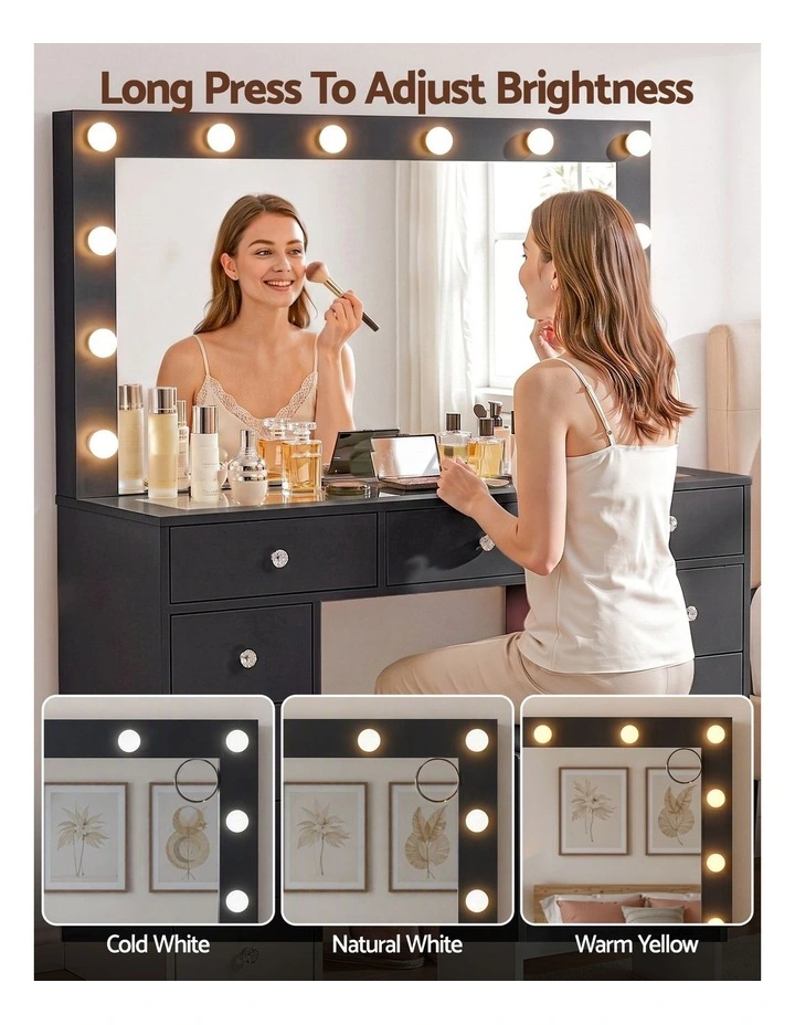 LED Vanity Dressing Table Set with Stool Glass Top Charging Station in Black image 5