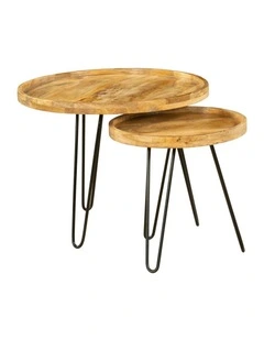 Fab Habitat Purna Set Of 2 Round Wooden Nested Tray Coffee Table in Natural