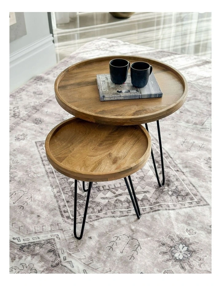 Fab Habitat Purna Set Of 2 Round Wooden Nested Tray Coffee Table in Natural image 3