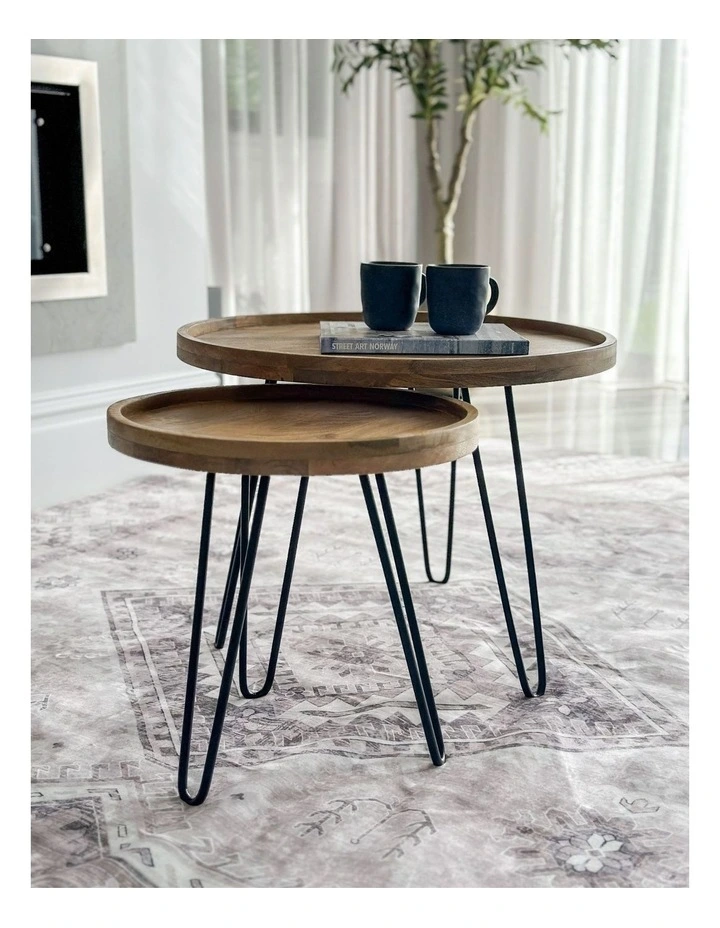 Fab Habitat Purna Set Of 2 Round Wooden Nested Tray Coffee Table in Natural image 4