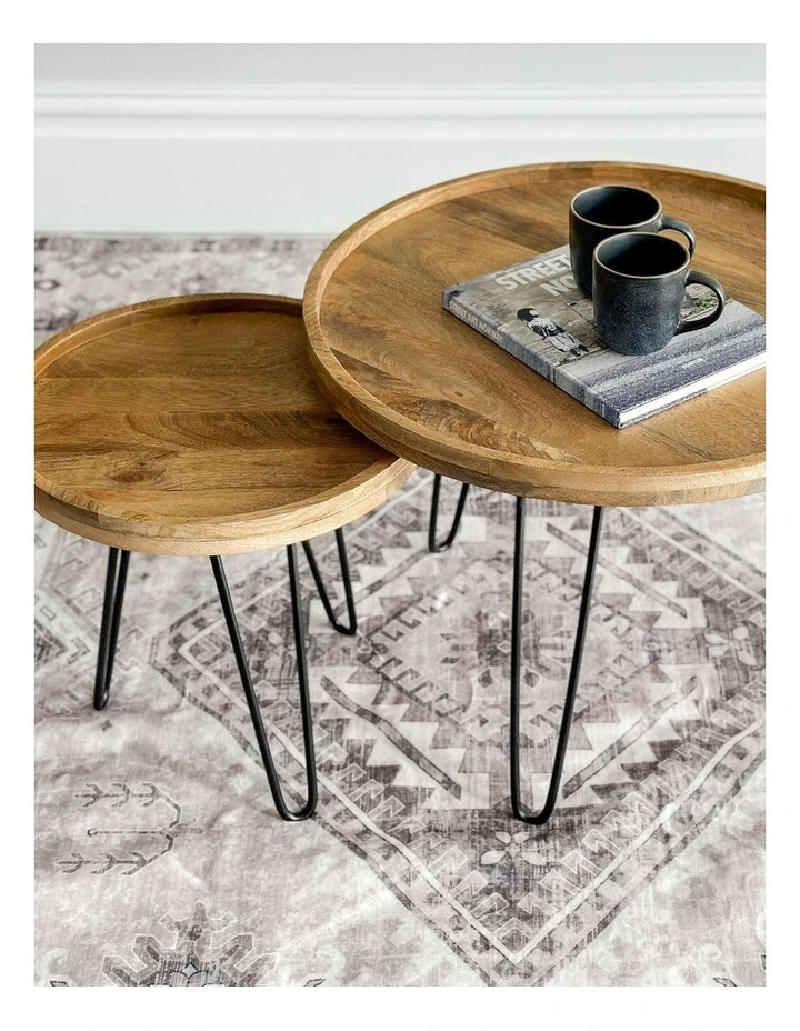 Fab Habitat Purna Set Of 2 Round Wooden Nested Tray Coffee Table in Natural image 5