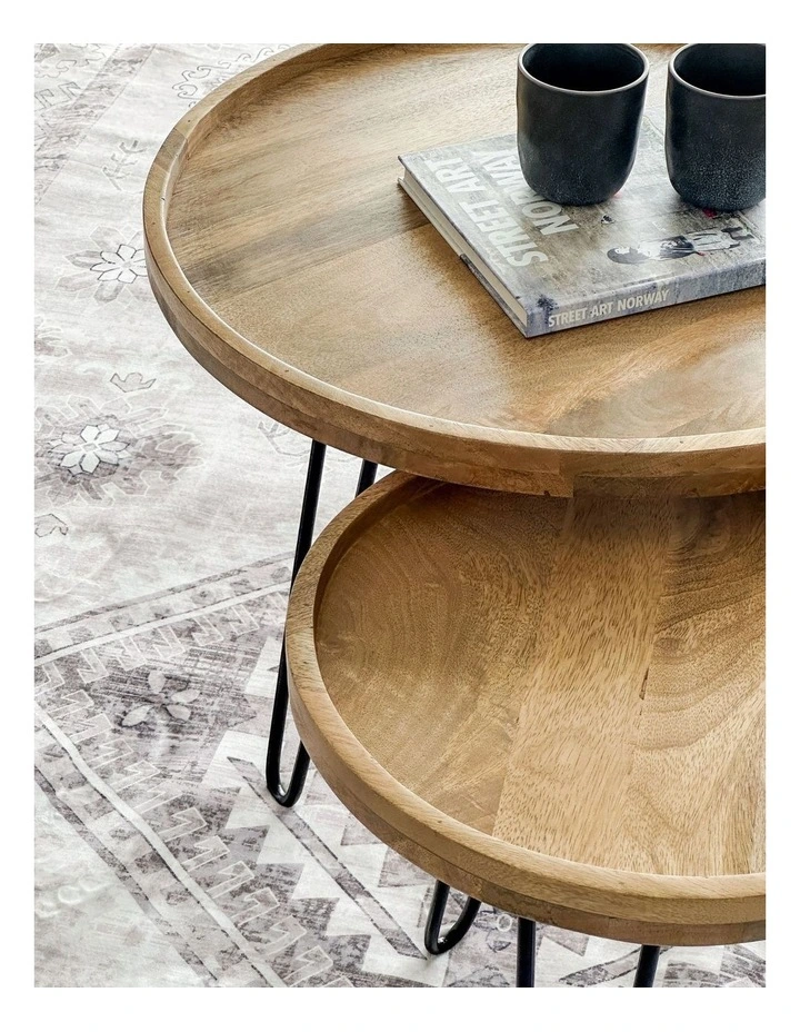 Fab Habitat Purna Set Of 2 Round Wooden Nested Tray Coffee Table in Natural image 6
