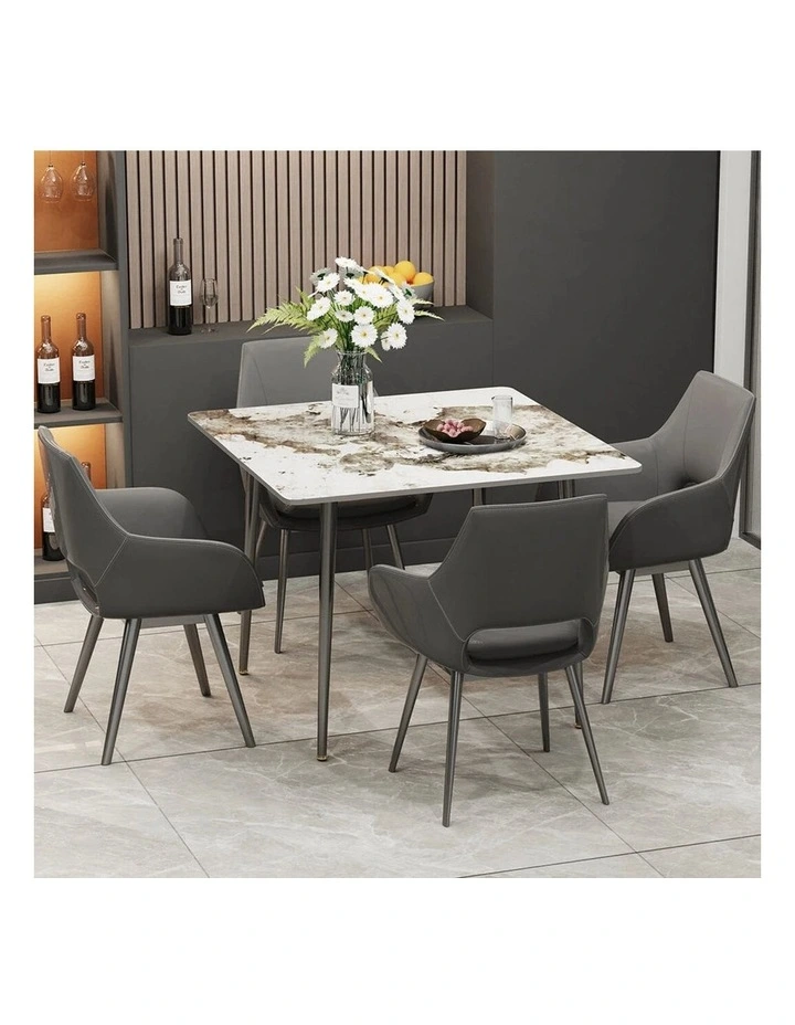 Glossy White Sintered Stone Dining Table With Black Metal Base Frame image 2