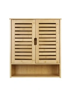 Bamboo Wall Cabinet With Double Doors 3-Tier Shelf