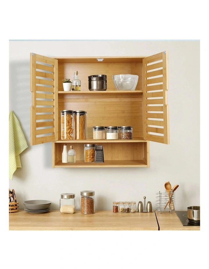 Bamboo Wall Cabinet With Double Doors 3-Tier Shelf image 6