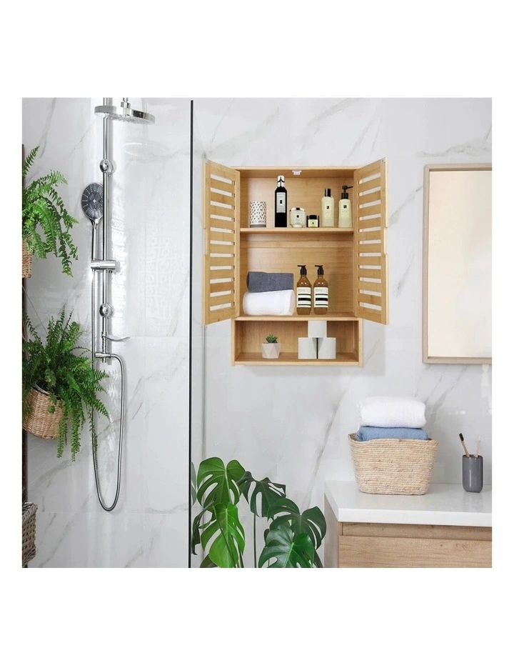 Bamboo Wall Cabinet With Double Doors 3-Tier Shelf image 7