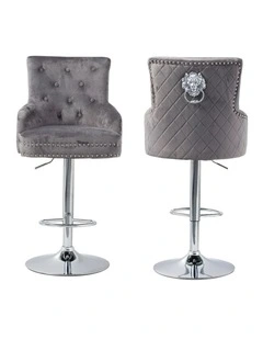 Gray Velvet Swivel Bar Stool With Lion Head Accent And Adjustable Chrome Base