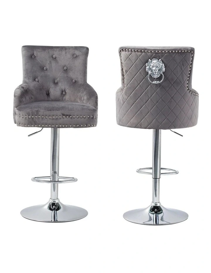 Gray Velvet Swivel Bar Stool With Lion Head Accent And Adjustable Chrome Base image 1