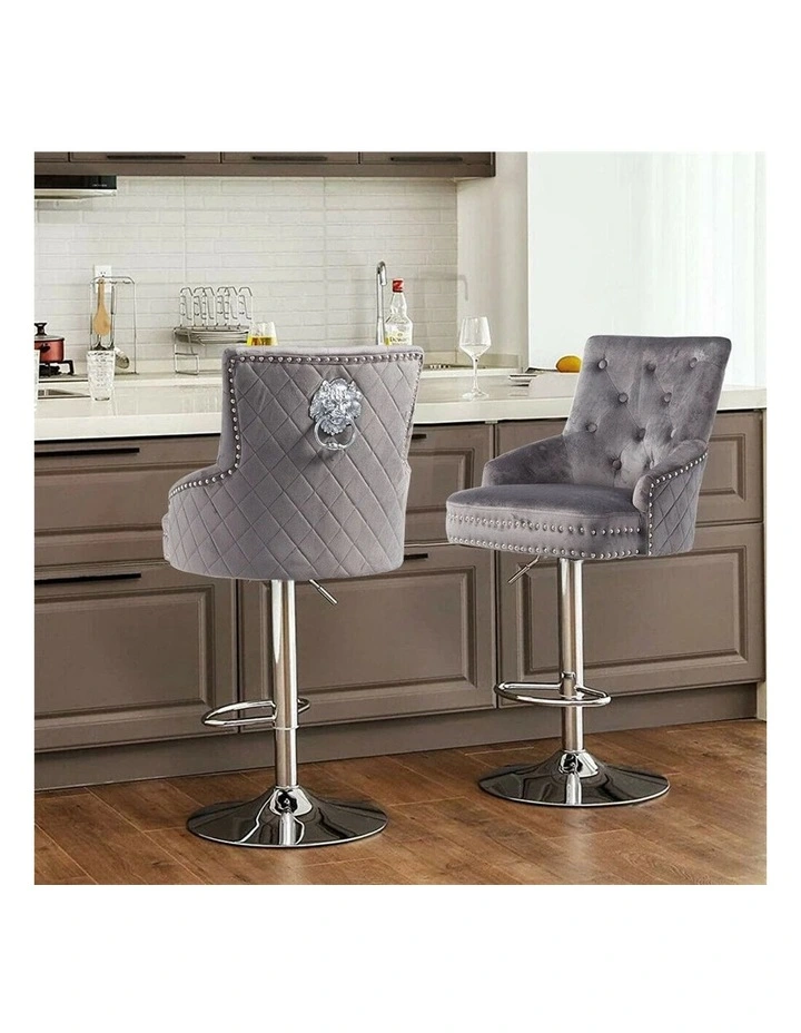 Gray Velvet Swivel Bar Stool With Lion Head Accent And Adjustable Chrome Base image 2