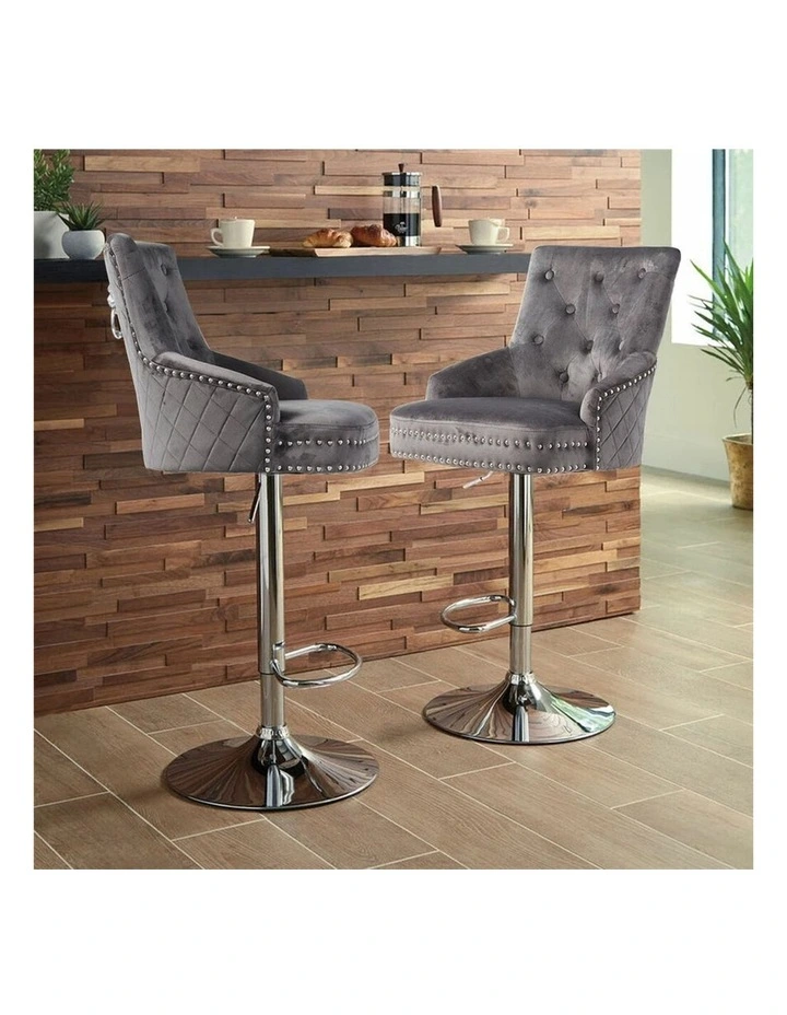 Gray Velvet Swivel Bar Stool With Lion Head Accent And Adjustable Chrome Base image 3