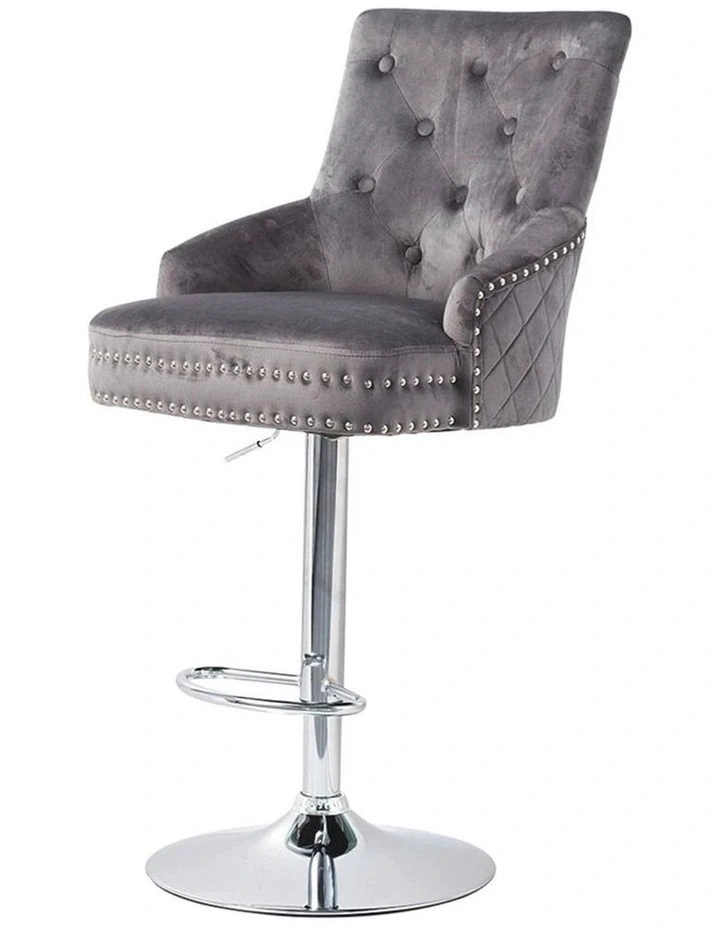 Gray Velvet Swivel Bar Stool With Lion Head Accent And Adjustable Chrome Base image 4