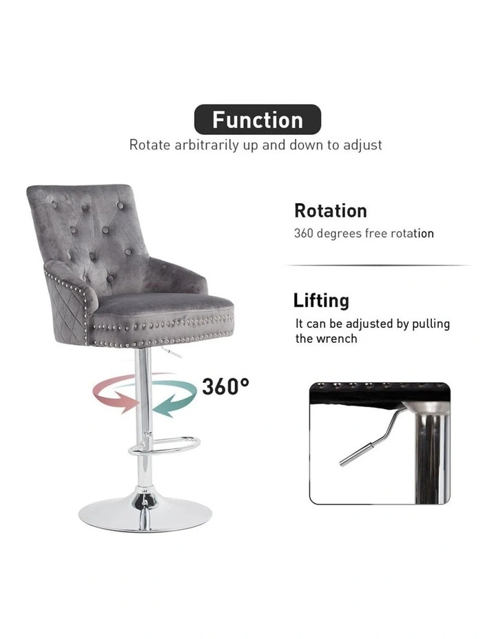 Gray Velvet Swivel Bar Stool With Lion Head Accent And Adjustable Chrome Base image 5