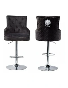 Black Velvet 360 Swivel Bar Stool With Lion Head Detail And Adjustable Height