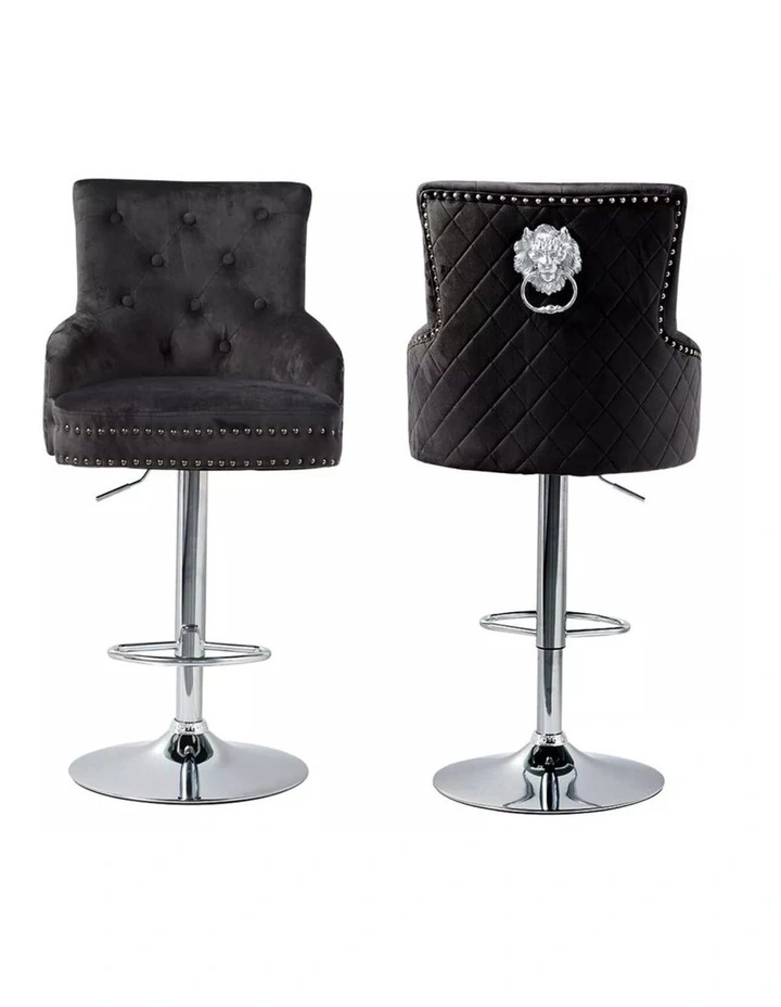 Black Velvet 360 Swivel Bar Stool With Lion Head Detail And Adjustable Height image 1