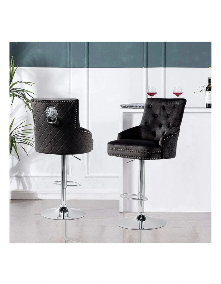 Black Velvet 360 Swivel Bar Stool With Lion Head Detail And Adjustable Height image 2