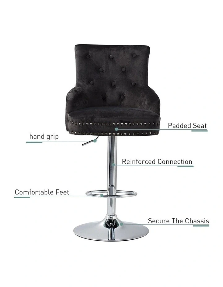 Black Velvet 360 Swivel Bar Stool With Lion Head Detail And Adjustable Height image 4